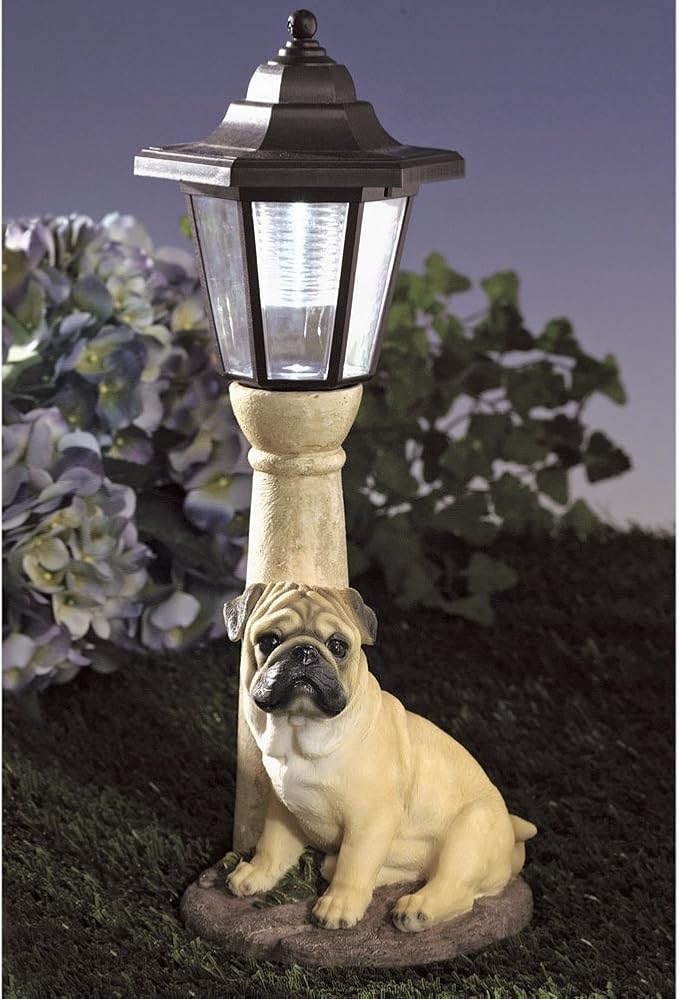 Bits and Pieces-Solar Light Fawn Pug-Solar Powered Garden Lantern - Resin Dog Sculpture with LED Light