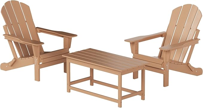 WO Home Furniture Adirondack Chairs Table Set of 3 PCS Outdoor Folding Chairs Coffee Table Weather/UV Resistant for Lawn, Garden, Bon Fire, Balcony (Teak)