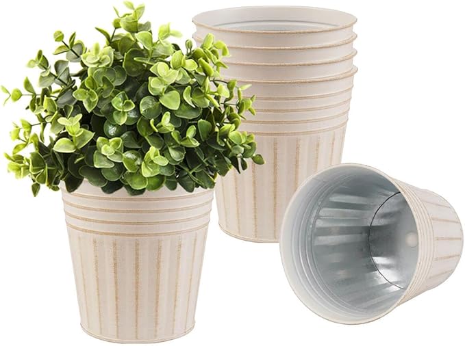 vensovo 6 Inch Beige Metal Rustic Flower Pots - 6Pcs Galvanized Planters with Drainage Hole and Rubber Plug, Rustproof Metal Bucket Plant Pots Farmhouse Vintage Style for Decor