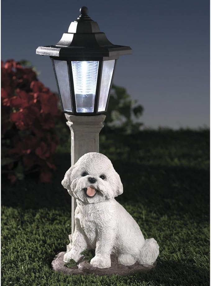 Bits and Pieces-Solar Bichon Lantern-Solar Powered Garden Lantern - Resin Dog Sculpture with LED Light