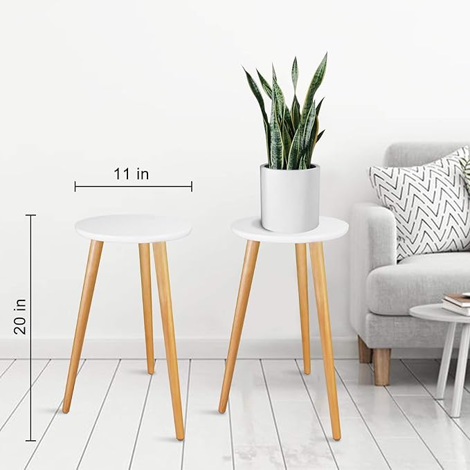 Uneedem Indoor Plant Stand - Mid Century Wooden Plant Table, Tall Holder for Flower Pots, Small Round End Table (A3-White, High: 20.5")