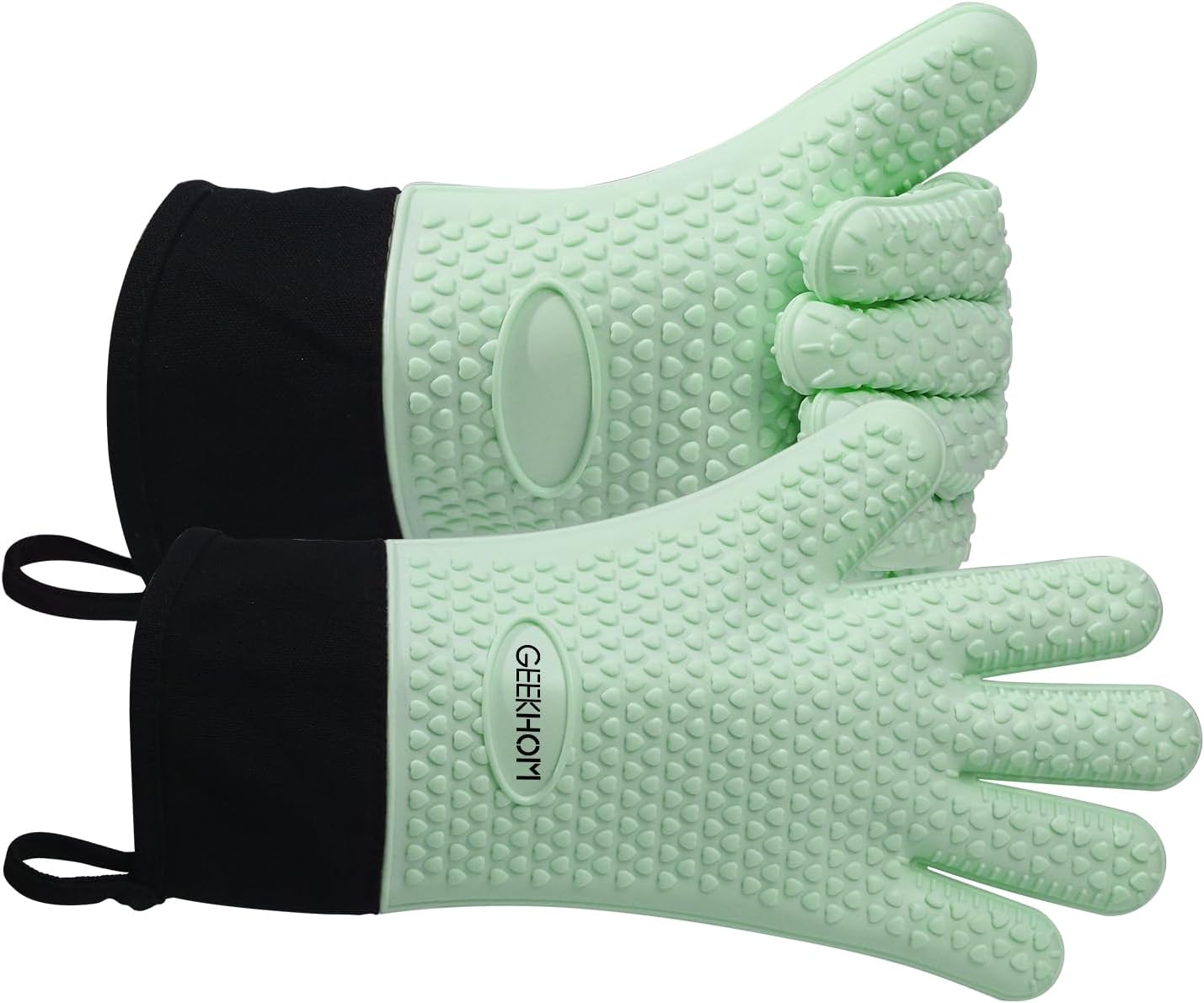 GEEKHOM BBQ Gloves Heat Resistant Oven Mitts - Silicone Grilling Gloves with 13.7" Arm Protection - Waterproof Pot Holder Non-Slip for Men & Women, Kitchen Outdoor Cooking, Baking, Camping, Mint Green
