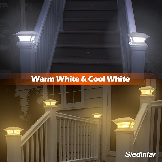 SIEDiNLAR Solar Post Cap Lights Outdoor Glass LED Fence Deck Light 2 Modes for 4x4 5x5 6x6 Vinyl Wooden Posts Patio Garden Decoration Warm White/Cool White Lighting White (6 Pack)