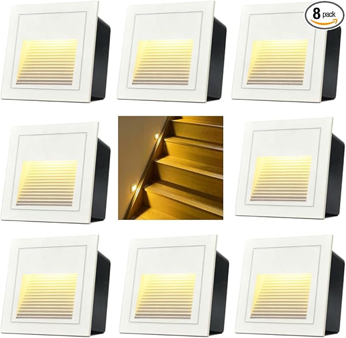 8Pack 3W LED Step Light, Warm White 3000K IP65 Waterproof Recessed Wall Light, Staircase Light Lighting lamp, Inside Outside Garden Balcony Corridor, Aluminum, 120V,White