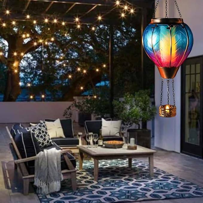 Starsoul Hot Air Balloon Solar Lantern with Candle Holder Glass Solar Hot Air Balloon Lantern with Flame Solar Hanging Hot Air Balloons Decorative for Lawn Porch Tree Yard