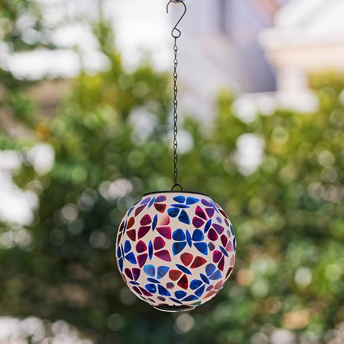 Hanging Solar Lanterns Outdoor Waterproof, Decorative Mosaic Butterfly Solar Lantern, Gazing Ball Globe Hanging Lantern for Patio Garden Yard Home Decor