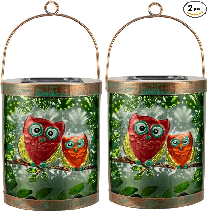 Starsoul 2 Pack Hanging Solar Lantern Outdoor Waterproof Owls Nestled on Branch Glass Decorative Solar Lights for Outside Garden Yard Table Patio Decor