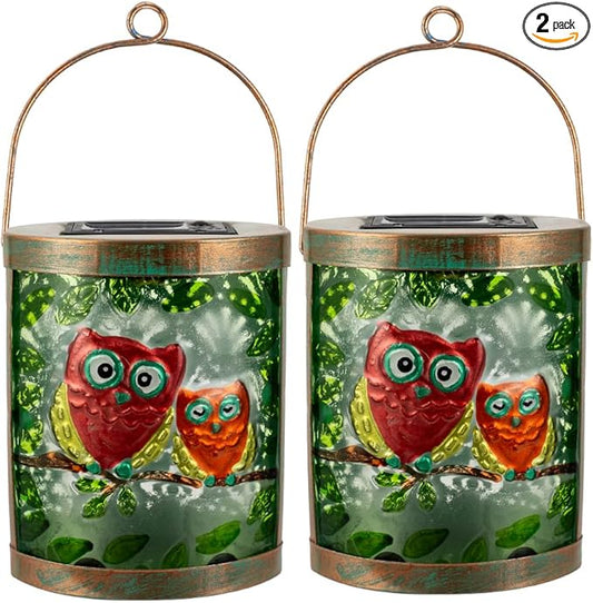 Starsoul 2 Pack Hanging Solar Lantern Outdoor Waterproof Owls Nestled on Branch Glass Decorative Solar Lights for Outside Garden Yard Table Patio Decor