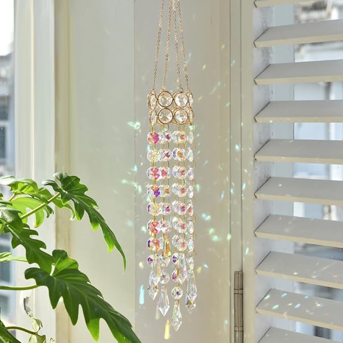 Hanging Window Garden Crystal Sun Catcher, Gold-Plated Sun Catcher for Indoor and Outdoor Decoration, Light Catcher, Party Crystals (AB Colour)
