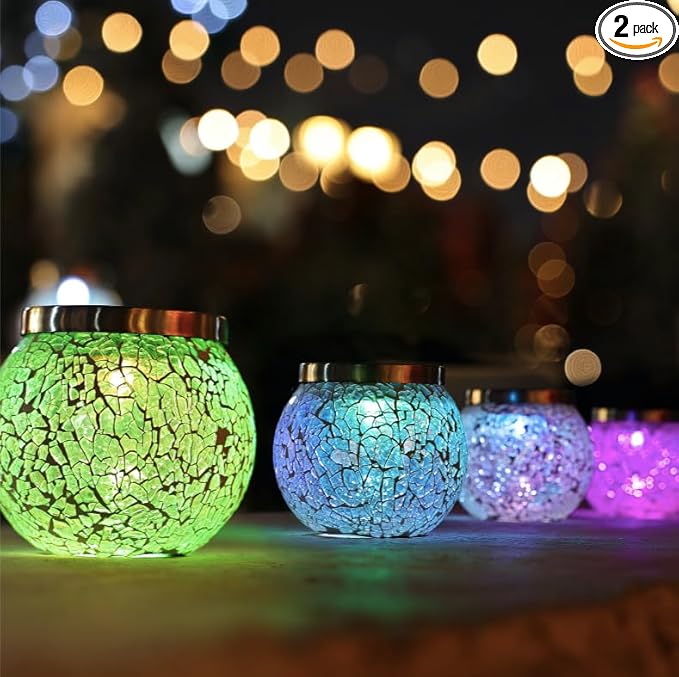 Cooo Heavy Solar Mosaic Crackle Glass Light with Dual Solar Panels, Color-Changing RGB Light, Exclusive Dazzling Glass, Waterproof Outdoor Tabletop Garden Light Landscape Path Light 2 Pack