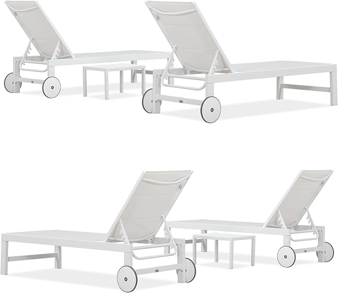 PURPLE LEAF Outdoor Chaise Lounge Staight Legs Adjustable Sunbathing Recliner with Side Table Cream 2 Sets