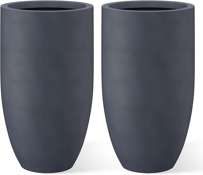 Kante 24 Inch Tall Round Concrete Planter, 2 Pack Large Indoor Outdoor Plant Pots with Drainage Hole and Rubber Plug, Modern Decorative Garden Pots for Home Patio Porch, Charcoal