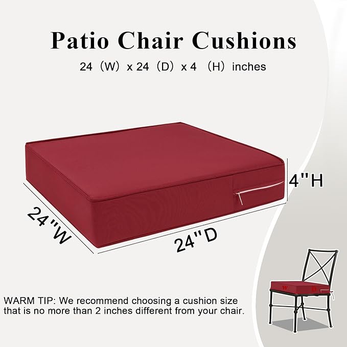 Outdoor Chair Cushions Set of 2 for Patio Furniture 24x24x4 Inch Waterproof Patio Chair Cushion 3 Year Color Fastness Square Elastic Foam Garden Couch Pads with Ties and Handle,Red