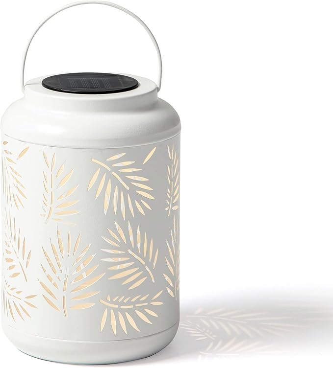 Glitzhome Solar Lantern White Metal Cutout Leaf Outdoor Hanging Solar Light with Handle for Garden Patio Yard Outdoor Decor