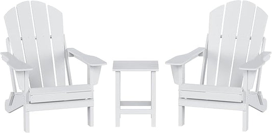 WO Home Furniture Adirondack Chairs Table Set of 3 PCS Outdoor Folding Chairs Side End Table Weather/UV Resistant for Lawn, Garden, Bon Fire, Balcony (White)