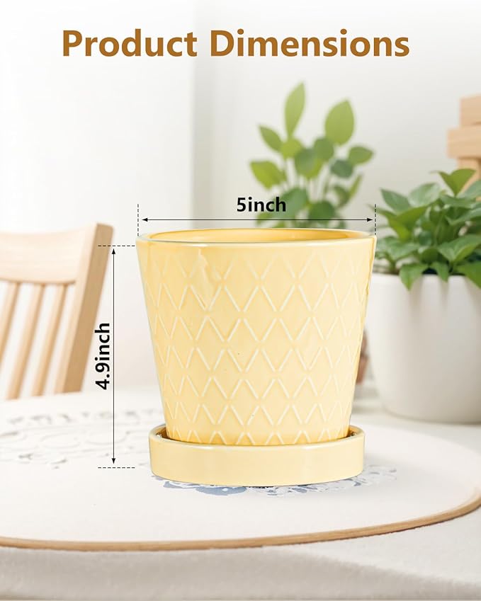 Ceramic Plant Pots –5 inch Indoor Flower Pot with Drainage Hole and Ceramic Tray - Gardening Home Desktop Office Windowsill Decoration Gift, Set of 4-Plants NOT Included(Yellow)