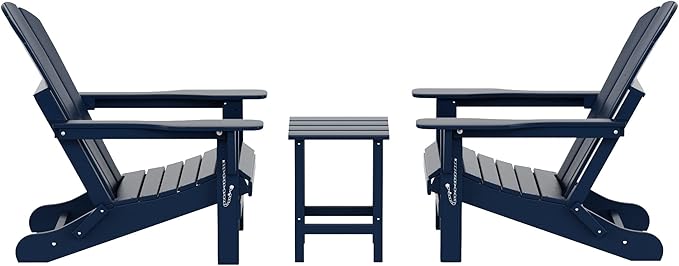 WO Home Furniture Adirondack Chairs Table Set of 3 PCS Outdoor Folding Chairs Side End Table Weather/UV Resistant for Lawn, Garden, Bon Fire, Balcony (Navy Blue)