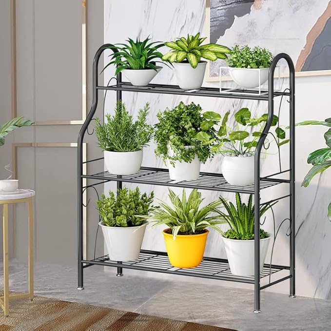 SORCEDAS Plant Stand Indoor Outdoor Plant Shelf 3 Tier Metal Corner Flower Stand Multiple Holder for Patio Garden Balcony Living Room, Dark Grey