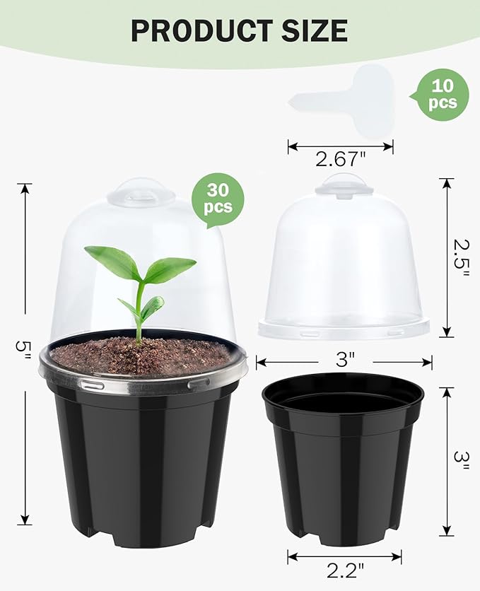 homenote Nursery Pots for Plants,3 Inch Plant Pot for Planting with Humidity Domes Plastic Seedling with Drainage Holes Seed Starter Flower with 10 Labels Black (30 Pack)