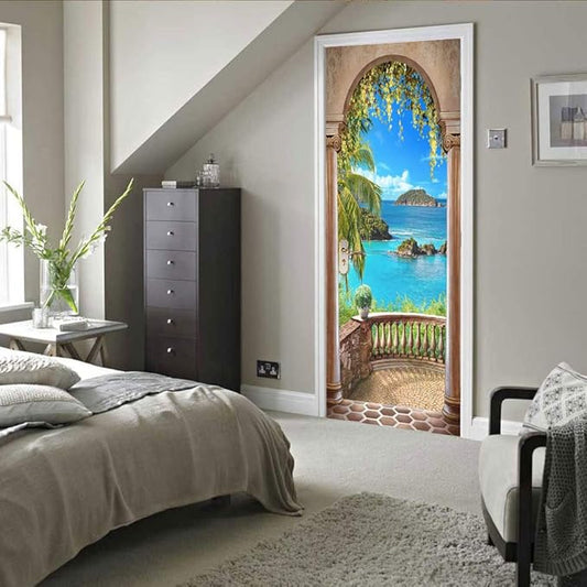 3D Door Stickers Murals - Landscape - Peel and Stick - Waterproof & Washable - Matt Finish - Tropical Beach - 31.5" x 78.7" - 2 PARTS