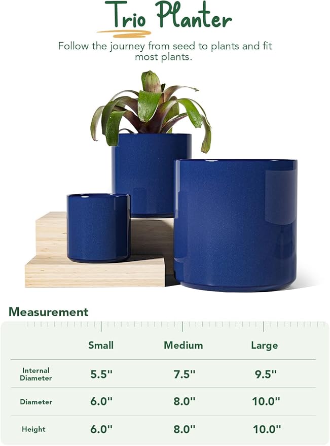 LE TAUCI Large Plant Pots Set, 10/8/6 Inch Ceramic Planters for Indoor Plants, Mid-Century Modern Flower Planter Pots with Drainage Hole and Plug, Cylinder Round Planter Pots, Set of 3, Sapphire Blue
