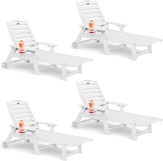 Lounge Chair Outdoor Set of 4 with Wheels, Adjustable 6-Position Chaise Lounge Outdoor, Patio Lounge Chair for Poolside Backyard, White