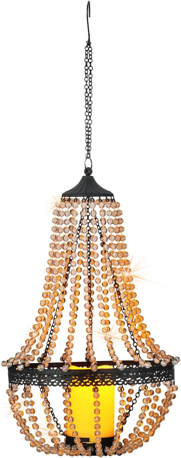 Hanging Candle Chandelier Outdoor, Battery Operated Clear Acrylic Beaded Chandelier with Flickering Led Candle Light S Hooks Modern Lantern for Garden Yard Patio Gazebo Room Indoor Decorations, 27”H