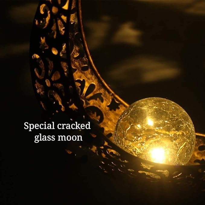 SunKite 1 Pack Garden Solar Light Outdoor Metal Moon Shape Lamp with Waterproof Crackle Glass Globe for Garden,Lawn,Patio,Pathway or Courtyard