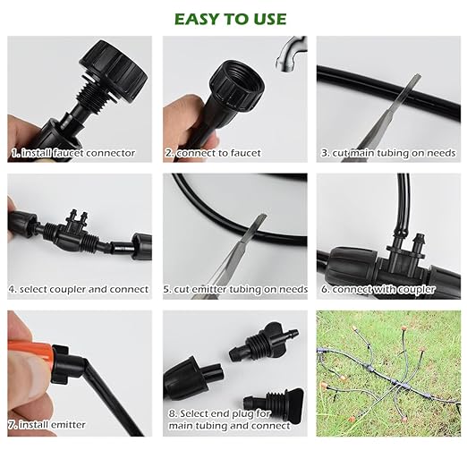 Adjustable Drip Irrigation System for Garden,Lawn Patio, Raised Beds - Automatic Irrigation Kits and Drip Emitters with 1/2" and 1/4" Irrigation Tubing (49FT + 49FT)