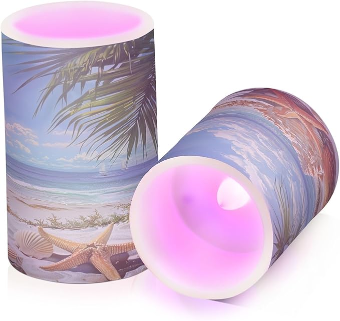 Flickering Flameless Candles, Starfish Seashell Beach Palm LED Candles with Remote Timer, Set of 2 Battery Operated Candle for Valentine Wedding Birthday