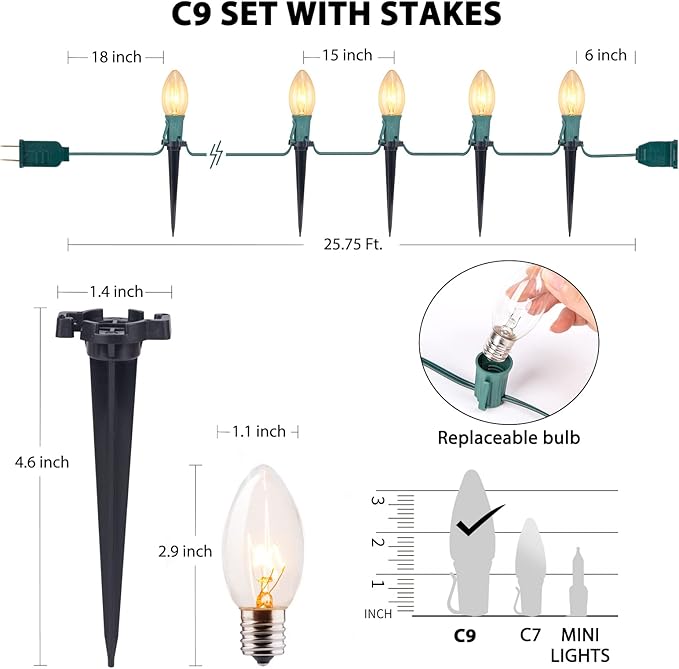 C9 Christmas Pathway String Lights Outdoor - 2 Pack Total 51.4 FT 40 Clear Lights with 40 Stakes, Connectable Waterproof Walkway Lights for Indoor Xmas Party Holiday Commercial Decoration, Warm White