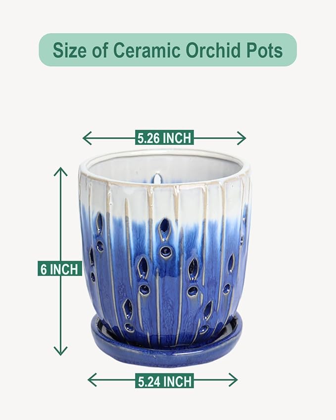 vensovo 6 Inch Ceramic Orchid Pot - Orchid Pot with Holes for Repotting, Ceramic Planter with Saucer for Indoor/Outdoor Plants, Blue