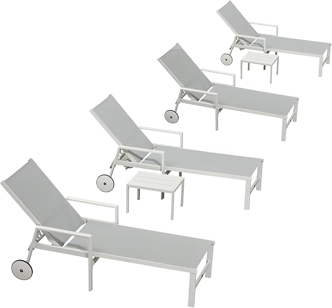 PURPLE LEAF Outdoor Lounge Chairs Set of 4 White Aluminum Chaise Lounge Chair Outdoor with Wheels and Armrest for Patio Deck Pool Side Table Include, Bluish-Gray