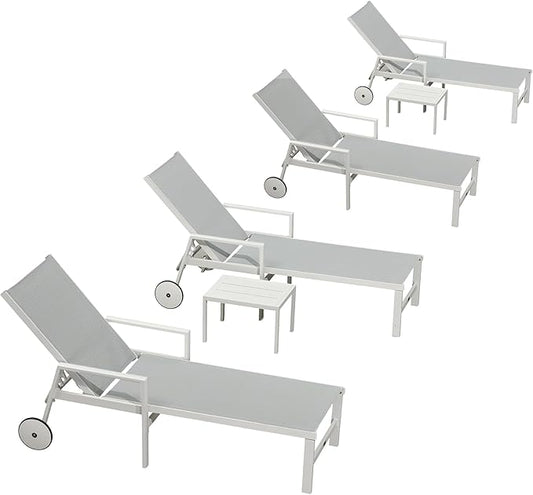 PURPLE LEAF Outdoor Lounge Chairs Set of 4 White Aluminum Chaise Lounge Chair Outdoor with Wheels and Armrest for Patio Deck Pool Side Table Include, Bluish-Gray