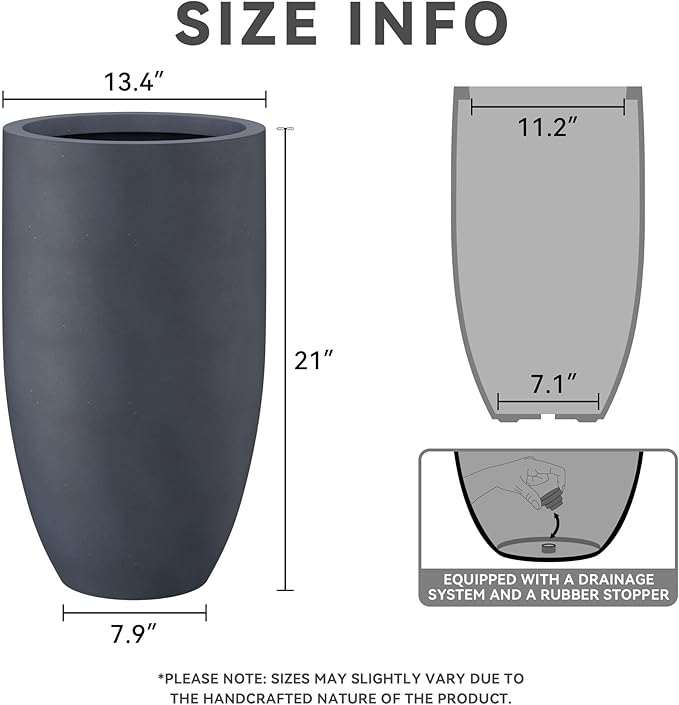 Kante 24 Inch Tall Round Concrete Planter, 2 Pack Large Indoor Outdoor Plant Pots with Drainage Hole and Rubber Plug, Modern Decorative Garden Pots for Home Patio Porch, Charcoal