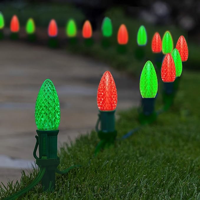 C9 Christmas Pathway Lights with Stakes,Red Green,30 Ft 20 Strawberry LED Bulbs and Stakes,Connectable Shatterproof Outdoor Lights Marker for Xmas Yard Garden Path Lawn Walkway Sidewalk