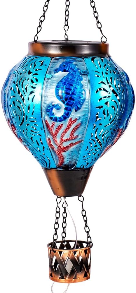 Seahorse Solar Hot Air Balloon Lantern with Flame Flickering Metal Hot Air Balloon Solar Lanterns Outdoor Waterproof Hanging Outdoor Lights for Yard,Patio,Garden Decor Birthday Gift for Women