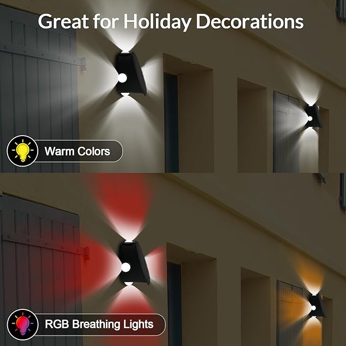 Outdoor Wall Lights - 4 LED Solar Lights for Outside - IP65 Waterproof-RGB Multicolor - Auto On/Off - 1200mAh Battery, Use on The Fence, Patio, Yard, Garden, Porch&More 2 Pack (Multicolor)