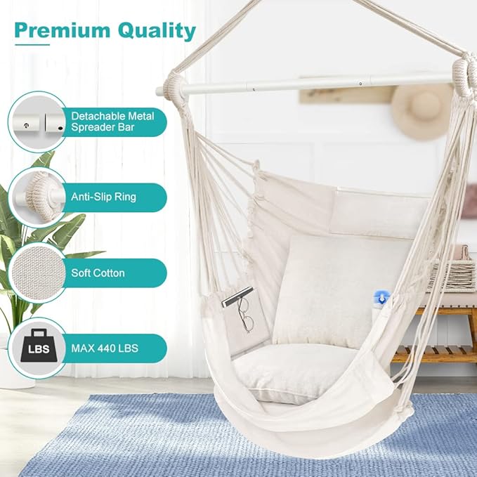 Outerman Hammock Chair, Hanging Chair with 3 Cushions and Foot Rest Support, Sturdy Metal Spreader Bar Max 440 Lbs, Swing Chair for Bedroom, Indoor & Outdoor, Patio, Porch or Tree（White）