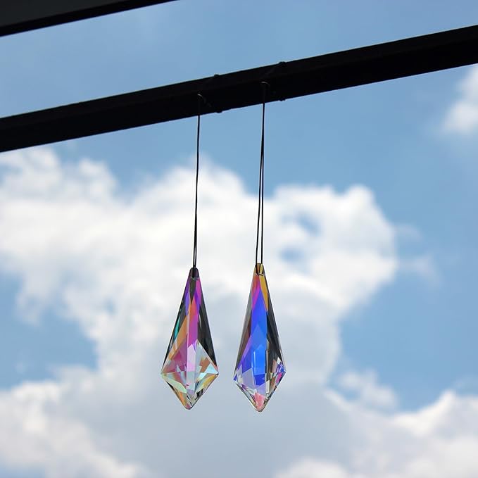 2PCS 5" Large Lanky Cone Crystal Sun Catcher Prisms, STINO Hanging Suncatchers with Glass Prism, Rainbow Maker for Windows, Balcony, Kitchen, Garden Decoration (1, Lanky Cone 2Pcs)