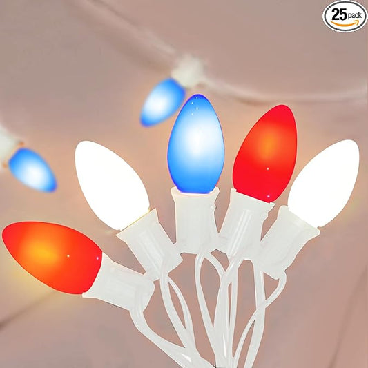 4th of July Decorations Lights, 25Ft C7 Outdoor Red White and Blue String Lights with 27 Shatterproof LED Bulbs, Hanging Patriotic Decorations Light for Indoor Independence Day Patio Garden Backyard
