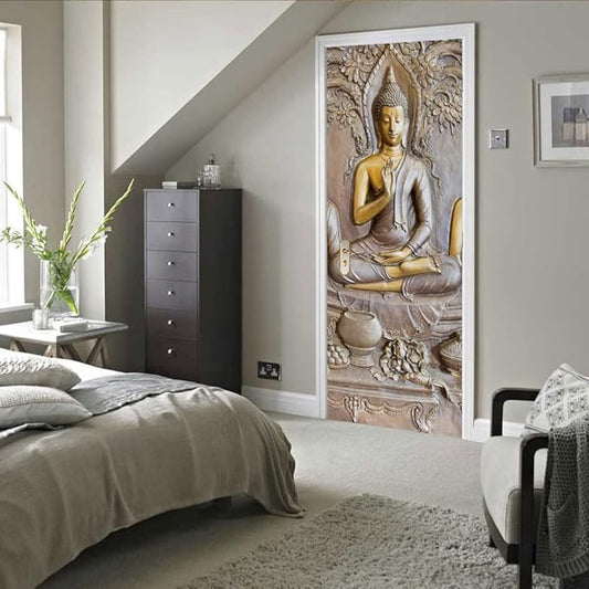 3D Door Stickers - Buddha Statue - Peel & Stick - Waterproof & Washable - Matt Finish - 31.5" x 78.7" - 2 Pieces