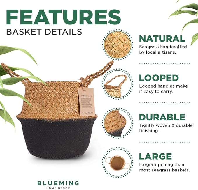 Plant Basket – Small Seagrass Planter Pot for Olive Trees, Woven Wicker Planter 8-9 Inches for Indoor Tall Artificial Plants (Black Bottom, Medium)