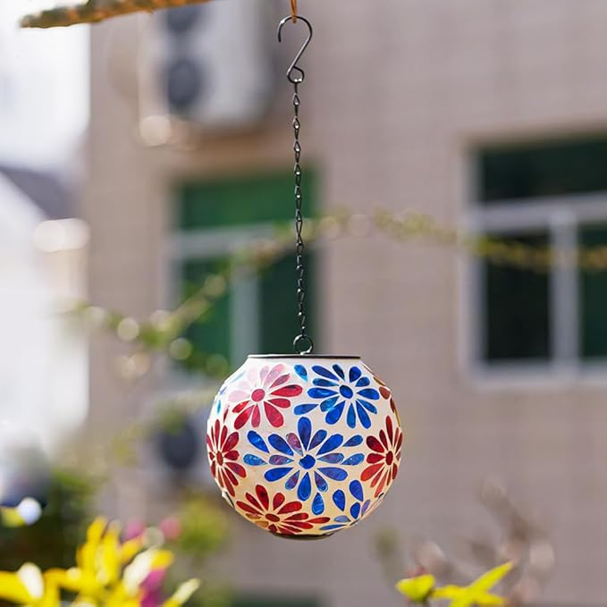 Solar Lanterns Outdoor Waterproof, Hanging Mosaic Flower Solar Lantern with Hook, Hanging Gazing Ball Globe Lantern for Garden Patio Yard Decor