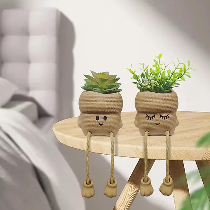 2Pcs Smiley Face Succulent Artificial Plants Planters - Cute Plant Pot Home Decor, Small Faux Plants Planter Indoor for Bathroom/Office/Kitchen Window Sill Decor, Fake Plant Ideas Gifts for Women