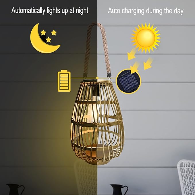 pearlstar Outdoor Solar Lanterns Light Rattan Natural Lantern with Handle for Hanging or Table Lamp for Patio Yard Garden Wedding Home Decoration, Edison Bulb, Auto on/Off(Style 1)