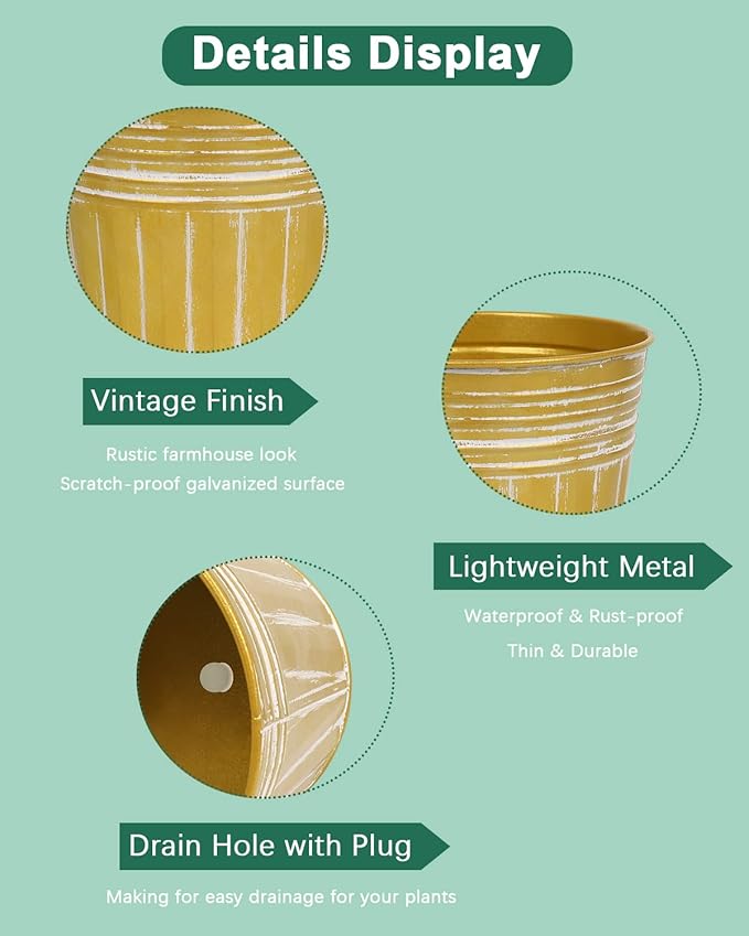 vensovo 6 Inch Gold Metal Rustic Flower Pots - 6Pcs Galvanized Planters with Drainage Hole and Rubber Plug, Rustproof Metal Bucket Plant Pots Farmhouse Vintage Style for Decor