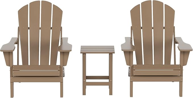 WO Home Furniture Adirondack Chairs Table Set of 3 PCS Outdoor Folding Chairs Side End Table Weather/UV Resistant for Lawn, Garden, Bon Fire, Balcony (Weathered Wood)