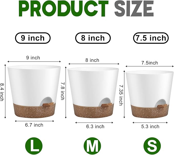 Indoor Outdoor Plant Pots- Self Watering Planters with Drainage Holes and Saucers, 9,8, 7.5 Inches, 3 Pots (Snow)
