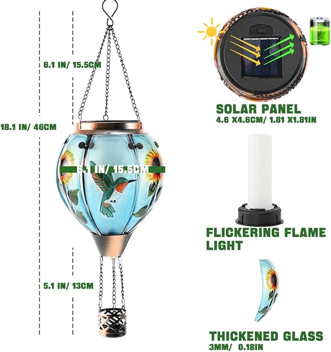 Hot Air Balloon Solar Lantern - Simulated Flickering Flame Hummingbird Glass Lantern, Outdoor Hanging Sunflower Yard Light Waterproof IP65 & Weather Resistant for Garden Patio Lawn Porch Decor Gfit